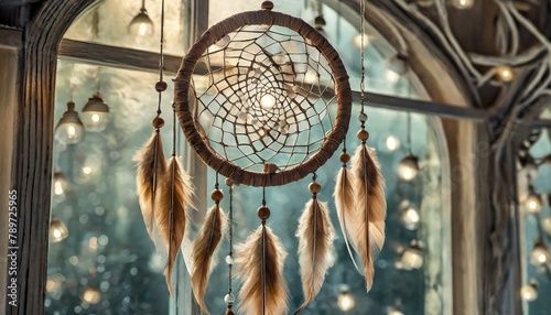 close up of a wood twig dream catcher hanging from a glass window. The art piece forms a symmetrical circle with metal and lighting accessories, creating a captivating visual event on the ceiling