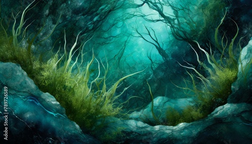 dark green background with a marble texture resembles the underwater world with natural materials. The electric blue patterns mimic marine biology in a forest of grass