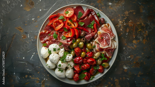 Antipasto platter with cured meats, olives, roasted peppers, and marinated mozzarella balls
