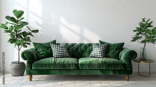 Interior wall mock up with velvet sofa, pillows, plaid and pine branch in vase on empty white background, 3D rendering, 