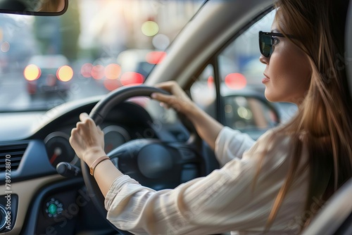 selfassured woman confidently driving car hands firmly gripping steering wheel on city street