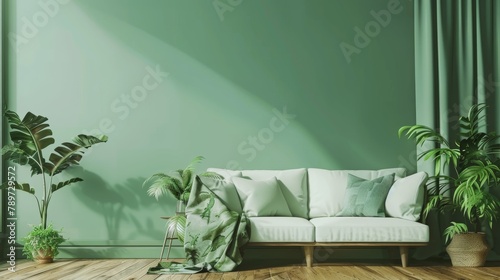 Eco-conscious interior featuring a white sofa, lush green foliage on a soft green backdrop, smooth wooden flooring, epitomizing modern mid-century minimalism