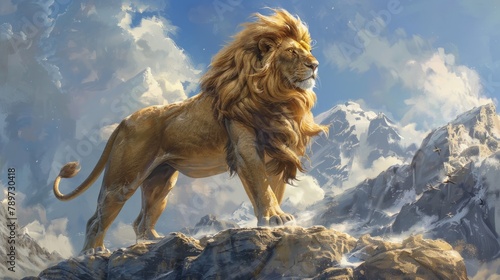 Majestic lion stands on a rocky peak, with snowy mountains and blue sky in the background. Created with Generative AI.
