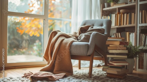 Cozy reading nook with an armchair, blanket, books, and a view of autumn foliage outside. Created with Generative AI.
