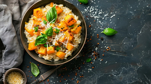 Butternut squash risotto with arborio rice, roasted butternut squash, and parmesan cheese.
