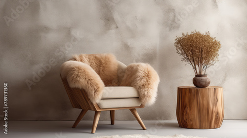 Fur armchair and stump end table near stucco wall. Interior design of modern living room. Generative AI