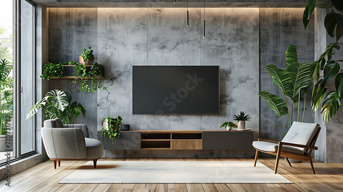 Mockup a cabinet TV wall mounted with armchair in living room with a white cement wall3d rendering