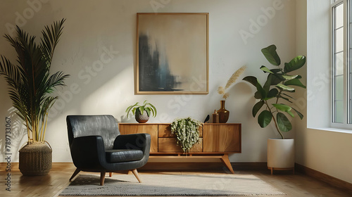 Modern design home interior of living room with wooden commode, design black armchair, tropical leafs and elegant accessories, Stylish home decor, Mock up abstract paintings on the wall, Template