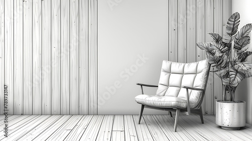 Modern design interior with armchair and wood slat walls in one continuous line drawing, Hygge scandinavian decor and soft furniture chair in simple linear style, Doodle vector illustration