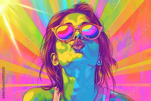 Woman blowing a kiss on a background of gay pride colors, showcasing the beauty of love and diversity in a vibrant, copy-space scene