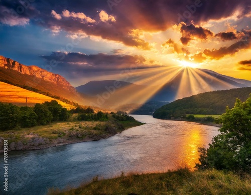 vibrant sunset scene with mountains and river and sun rays