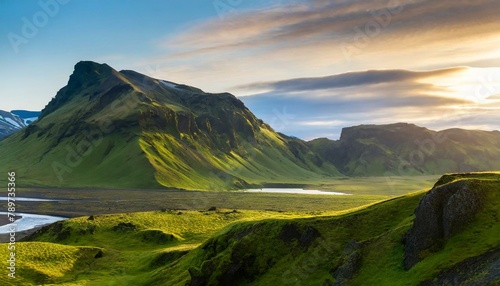 vibrant icelandic landscape of green moss covered mountains at dawn