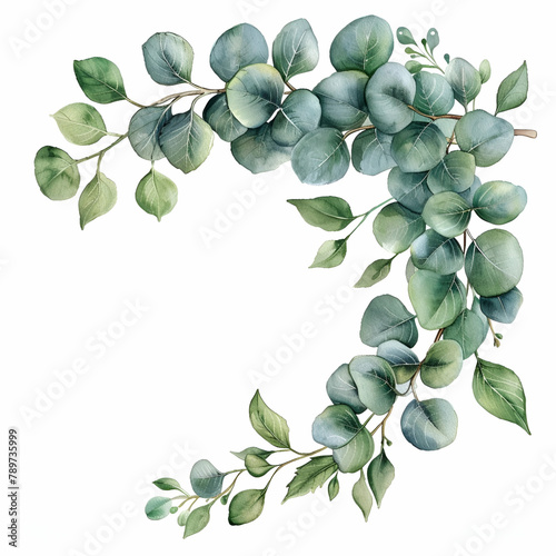 eucalyptus branch corner border, watercolour clipart, white background 