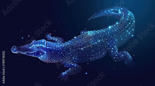 Crocodile. Low poly blue. Polygonal abstract illustration of animal. AI generated