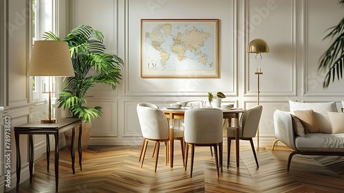 Stylish and eclectic dining room interior with mock up poster map, sharing table design chairs, gold pedant lamp and elegant sofa in second space, White walls, wooden parquet, Tropical leafs in vase