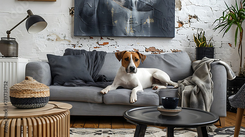 Stylish and scandinavian living room interior of modern apartment with gray sofa, design wooden commode, black table, lamp, abstract paintings on the wall, Beautiful dog lying on the couch, Home decor