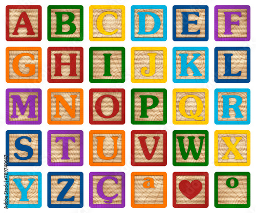 3D render 3D image alphabet in colored wooden blocks with letters for literacy and didactic illustration for schools, children, advertisements and others. Excellent quality.