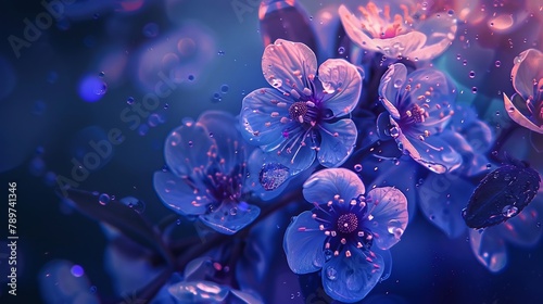 A scientific study setting with Manuka flowers under an ultraviolet microscope, detailed imagery showing the intricate structures that glow