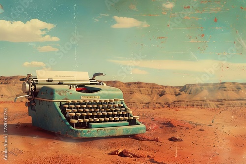 vintage typewriter in sandy desert landscape creative writing concept digital illustration