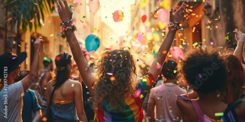 Vibrant summer festival street scene with diverse group of young adults celebrating with colorful confetti, balloons, and joyous mood.