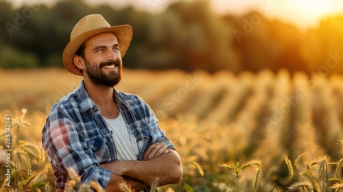 Joyful farmer man in straw hat and plaid shirt gleaming in sunset light in vibrant sunflower field, embodying rural lifestyle, summer warmth.
