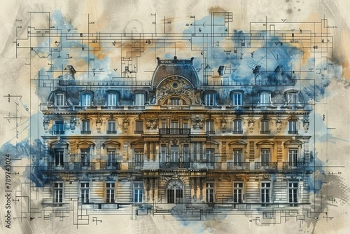 warm and inviting classical parisian building facade on aged blueprints concept illustration