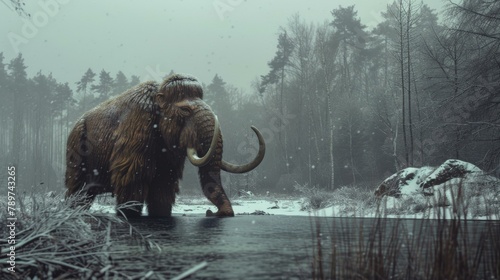 A large woolly mammoth walking across a frozen river in the snow. Generative AI.