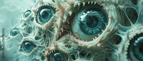 Render a surreal note comprised of eyes and teeth into a tangible, detailed horror concept art