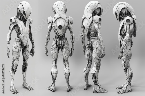 Upgrade sketched humanoid with extra eyes into a realistic 3D model with striking details and shadows
