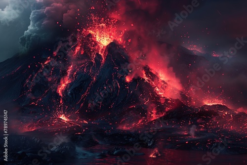 A volcanic eruption in EmotionScape style, with red and black emotive landscapes