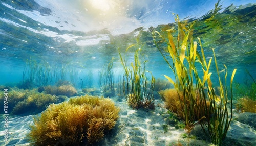 Underwater world, seaweeds and water plants waving in idyllic clean waters.