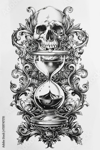 Intricate ink sketch of an hourglass with a skull, embodying Memento Mori, a reminder of lifes transience