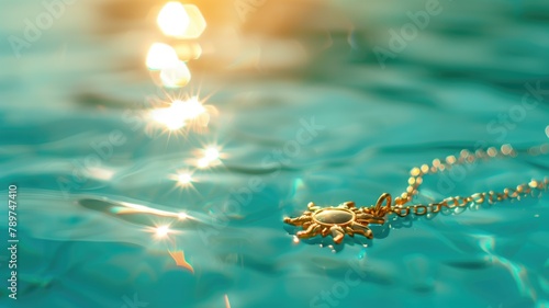 Sun-shaped pendant floating on shimmering water surface with sparkling light reflections