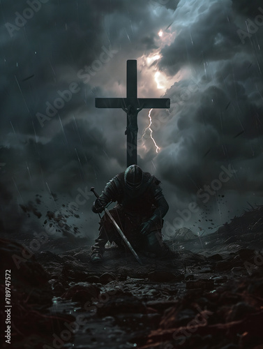 A christian warrior, crusader knight is kneeling in front of a cross with a sword in his hand. The sky is dark and stormy, and there are many rocks in the background. Scene is ominous and foreboding
