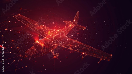 Flying aircraft, screw monoplane, from futuristic polygonal red lines and glowing stars for banner, poster, greeting card. AI generated