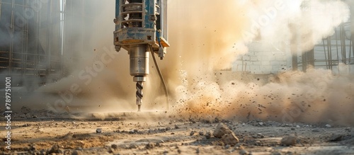 Powerful Pneumatic Drill Piercing Through Solid Rock at a Bustling Construction Site