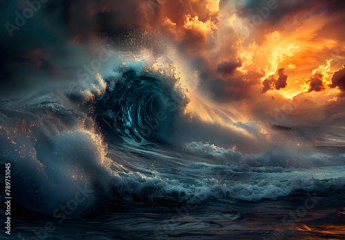 Huge blue ocean waves crashing at sunset during large swell in heavy storm wallpaper background, Seascape and disaster of nature concept, Digital art illustration.