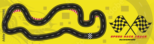 Creative vector illusion of race track isolated on yellow background. Speed race track background design with sport car.
