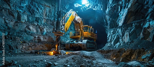 Massive Drill Borer Carving Through Remote Underground Tunnel in Rugged Mining