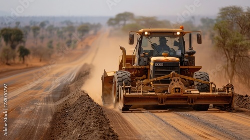 Road Grader Smoothing Dusty Terrain on Remote Rural Route