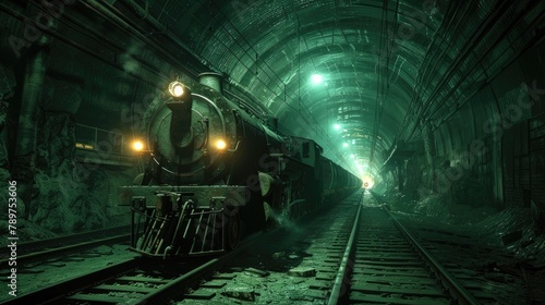Underground Mine Railway Workers Transported to Their Stations Amidst Dimly Lit Tunnels