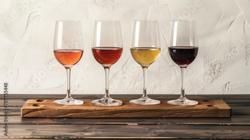 Blank mockup of four wine glasses arranged in a row on a rustic wooden tray each containing a different type of wine chardonnay zinfandel syrah and rosÃ©. .