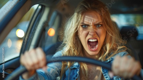 Portrait of an aggressive woman behind the wheel shouting at the car in front. Aggressive driving, accident on the road