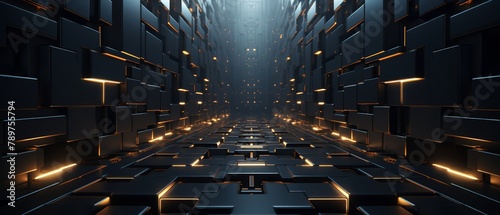 Futuristic 3D squares and geometric lines forming a secure vault door, dark tones,