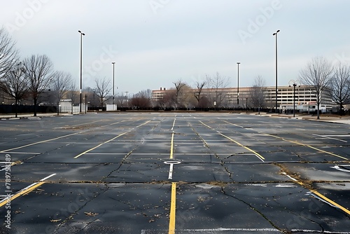 : A large, empty parking lot with no cars or people in sight. The area is surrounded by a monotonous, industrial backdrop.