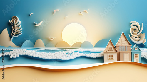 Abstract house or hotel on sea coast. Paper cut beach house on sea shore. Summer vacation concept background with copy space. Generative AI