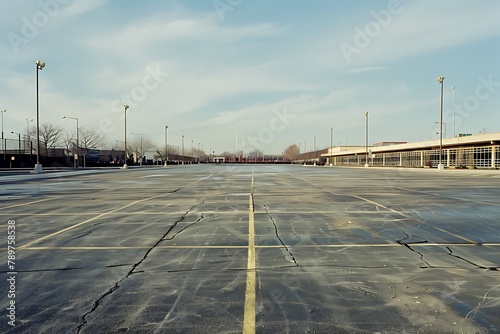 : A large, empty parking lot with no cars or people in sight. The area is surrounded by a monotonous, industrial backdrop.