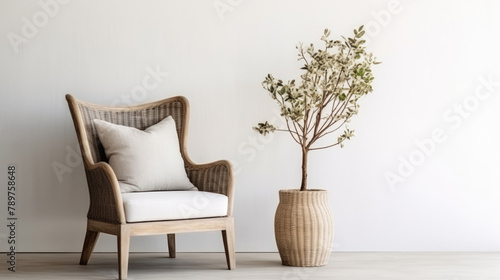 White wing chair and rattan decorative vase against white wall with wood decor. Rustic home interior design of modern living room in country house. Generative AI
