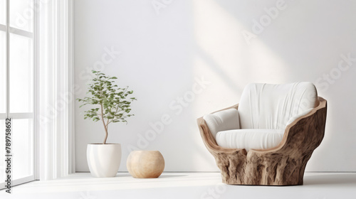 Unique white armchair made from wood tree stump against window near white wall. Rustic minimalist home interior design of modern living room. Generative AI