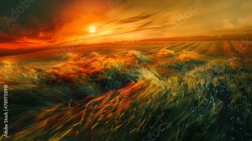 The sun dips below the horizon casting a warm orange light over the cornfields their stalks swaying like waves in the wind. Nature and technology merge in this expressionist vision .